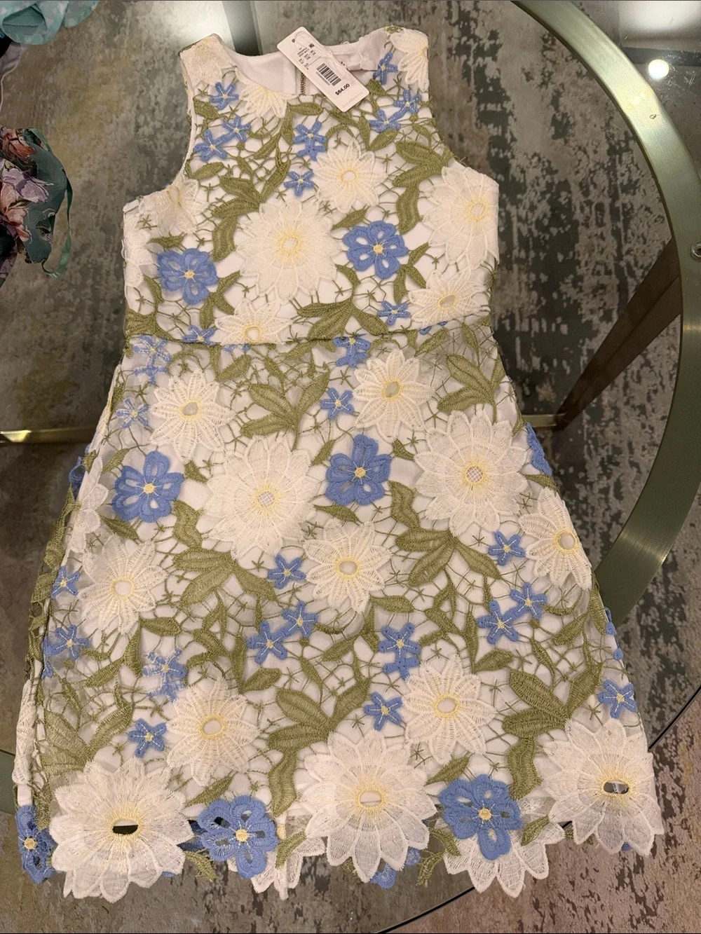 GB girls White Lace Dress with Blue & Green Floral Embroidery